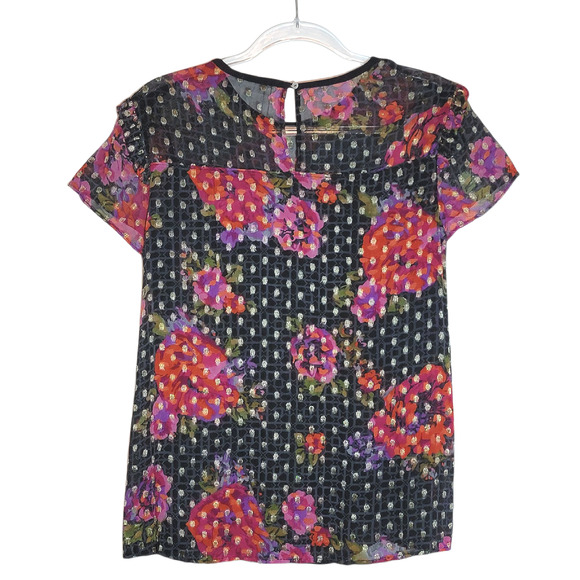 Anthropologie Fiorella Floral Blouse Gold Metallic Beaded Black Pink Red 4 - Picture 9 of 16